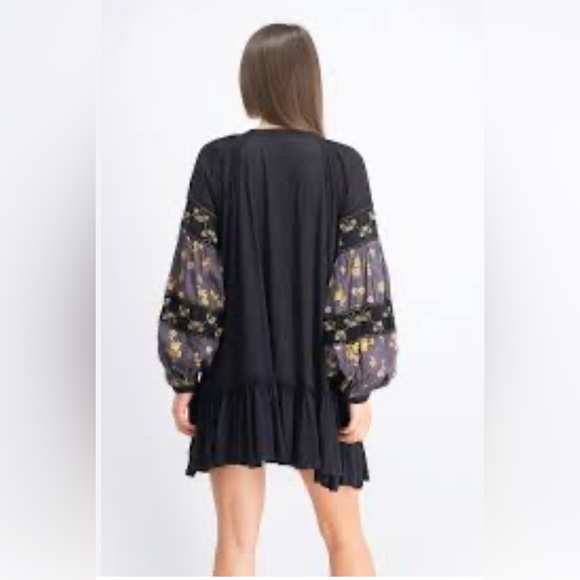 Free People Mix it Up Balloon Sleeve Floral Beaded Tunic Mini Dress Blouse Boho - Picture 2 of 9
